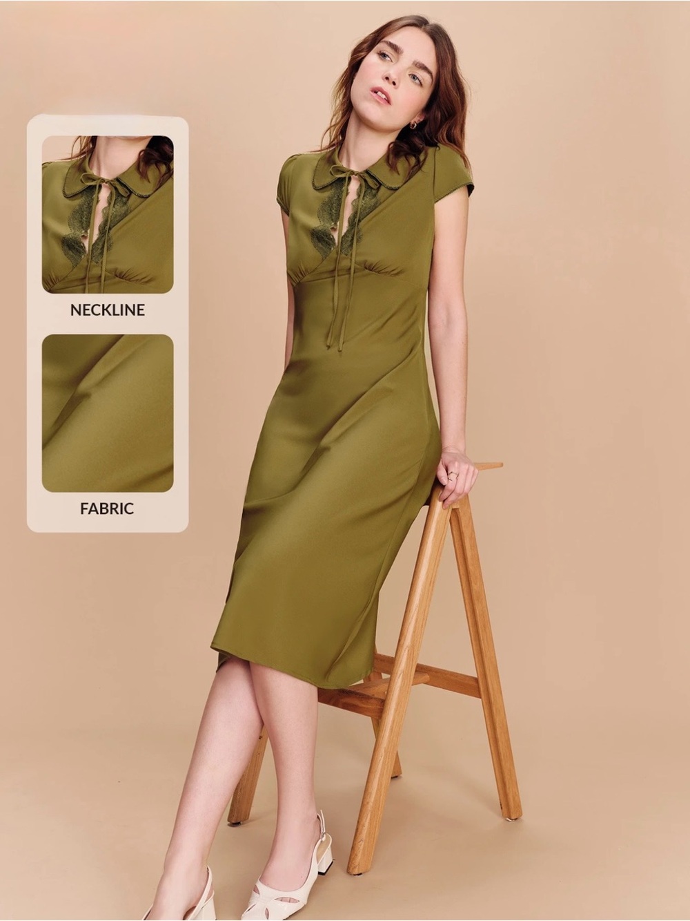 Olive Green Lace-Trim Midi Dress with Tie Neck